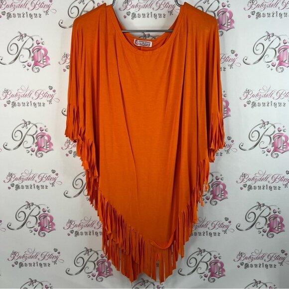 Poncho pull over bright Vibrant Orange Fringe Poncho tassle bottom hem comfy - Picture 1 of 10